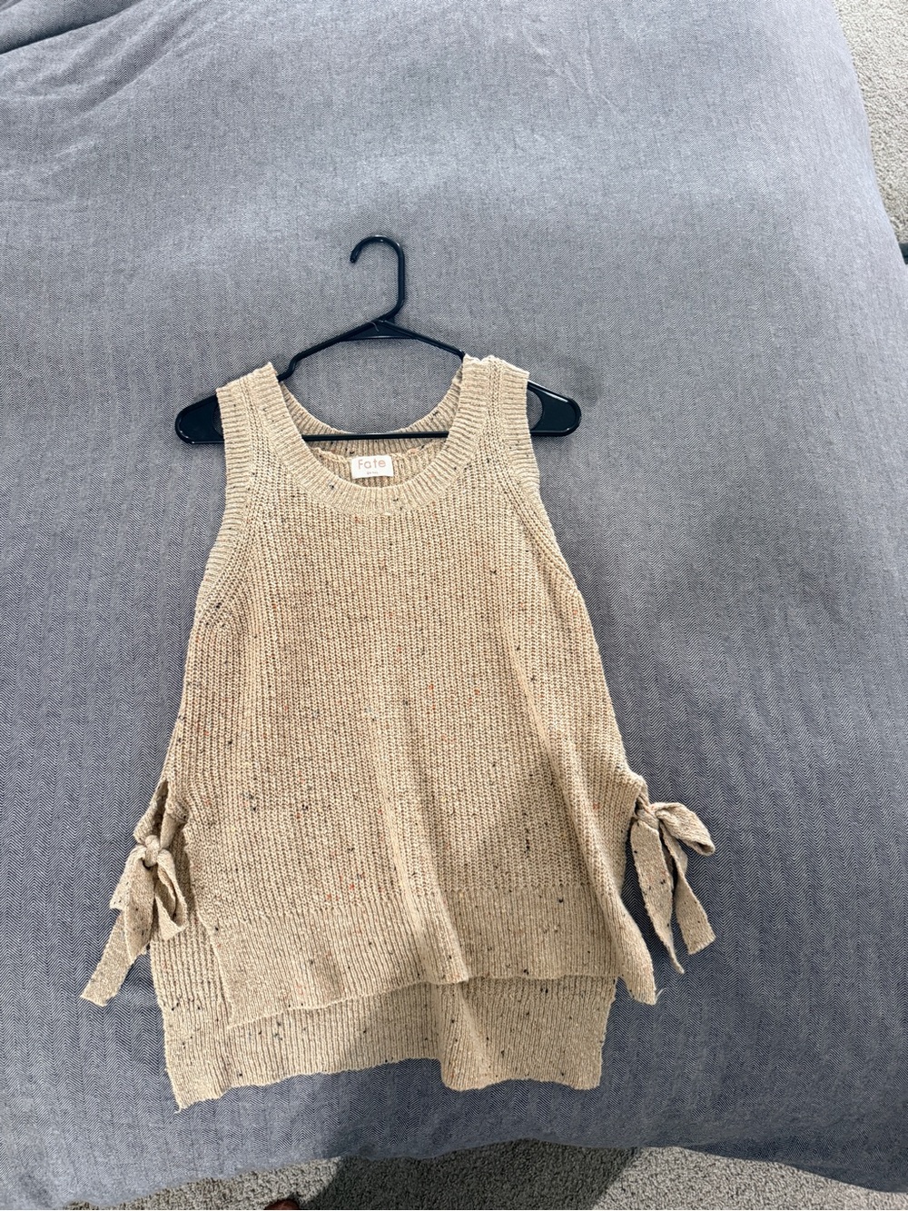 Fate Sleeveless Knit Tank Top with Side Ties in Beige